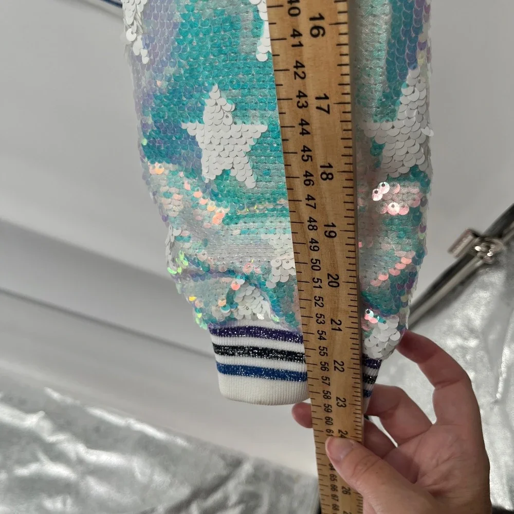 Lola + the Boys Sequins Star Bomber Jacket Kids Large White Iridescent Shimmer